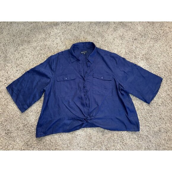 INC 100% Linen Blouse Top Navy Roll Tab Sleeves Front Knot Casual Minimalist 4X - Picture 1 of 8